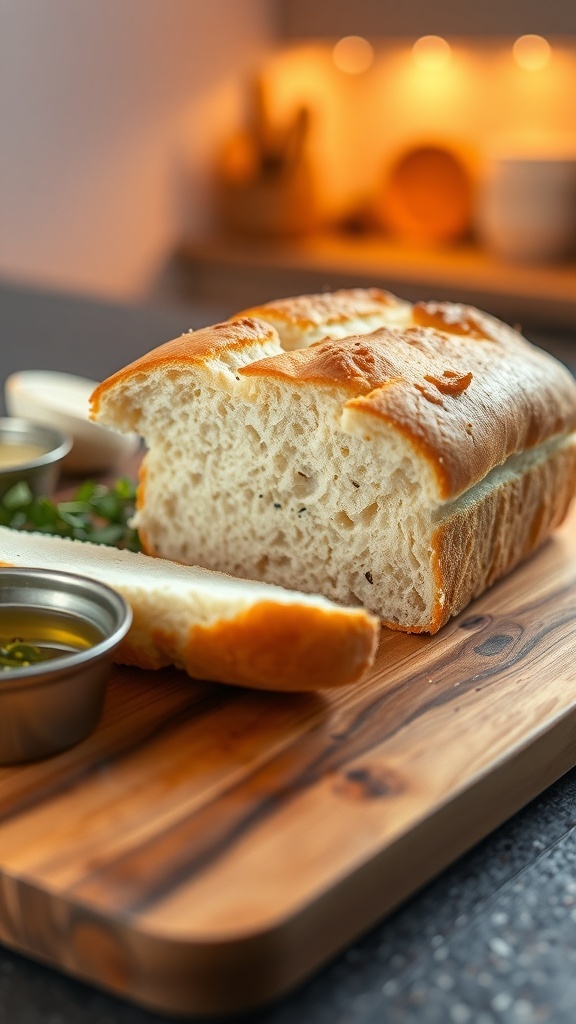 Gluten-Free Bread Maker Recipe A golden crusted gluten-free bread loaf sliced on a cutting board with olive oil and herbs.
